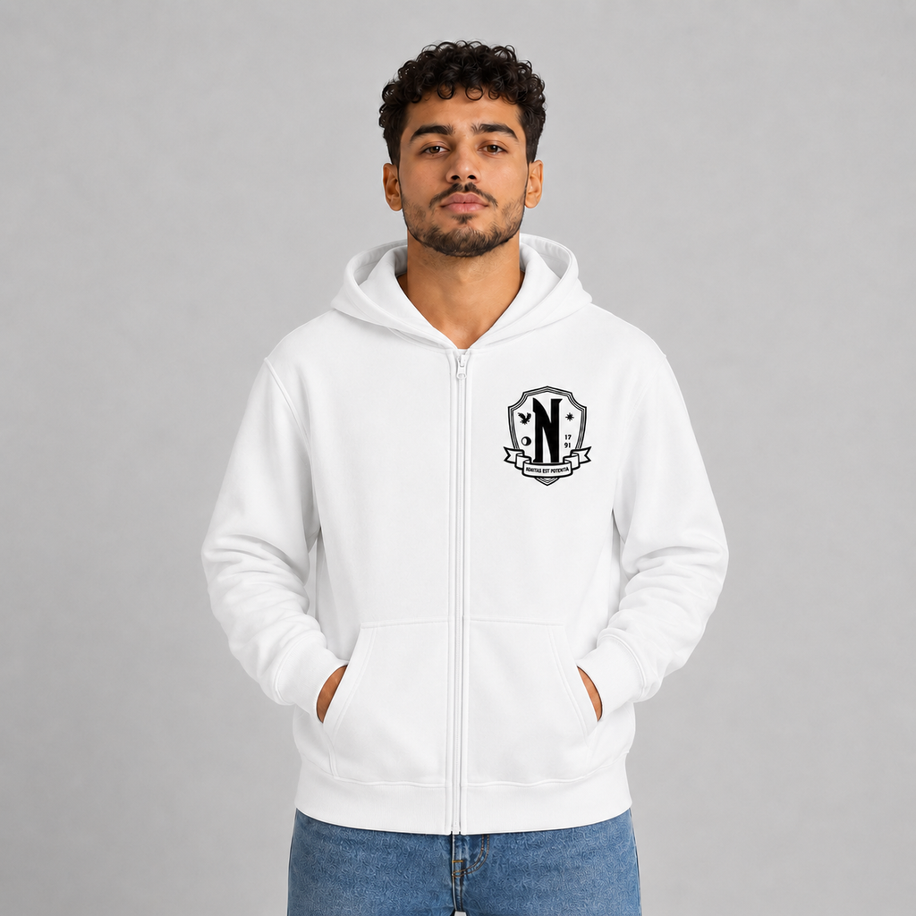 Men Women Nevermore Academy Logo Print Graphic Zipper Hoodie Casual Long Sleeve Harajuku Oversized Zip Up Coats Hoodies