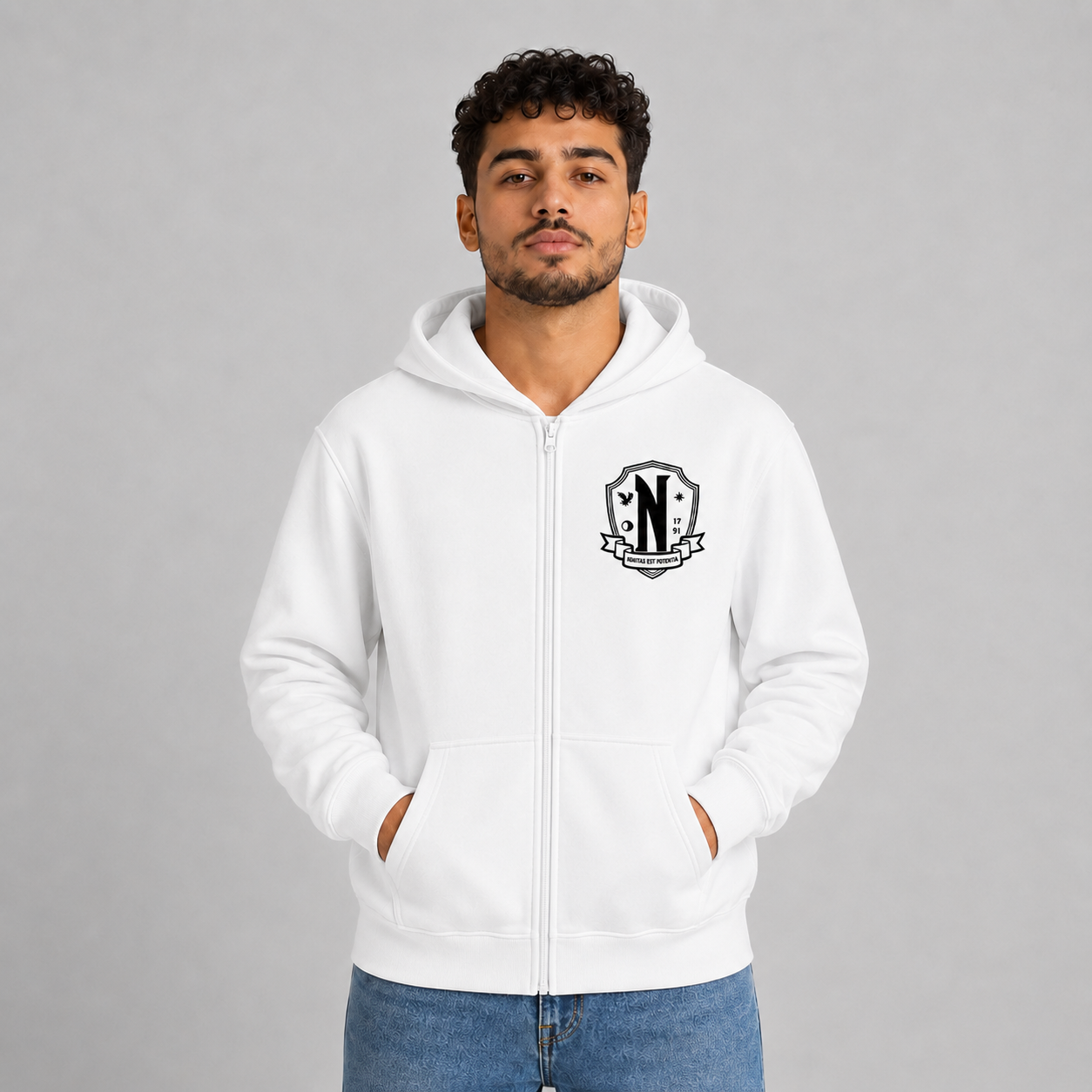 Men Women Nevermore Academy Logo Print Graphic Zipper Hoodie Casual Long Sleeve Harajuku Oversized Zip Up Coats Hoodies