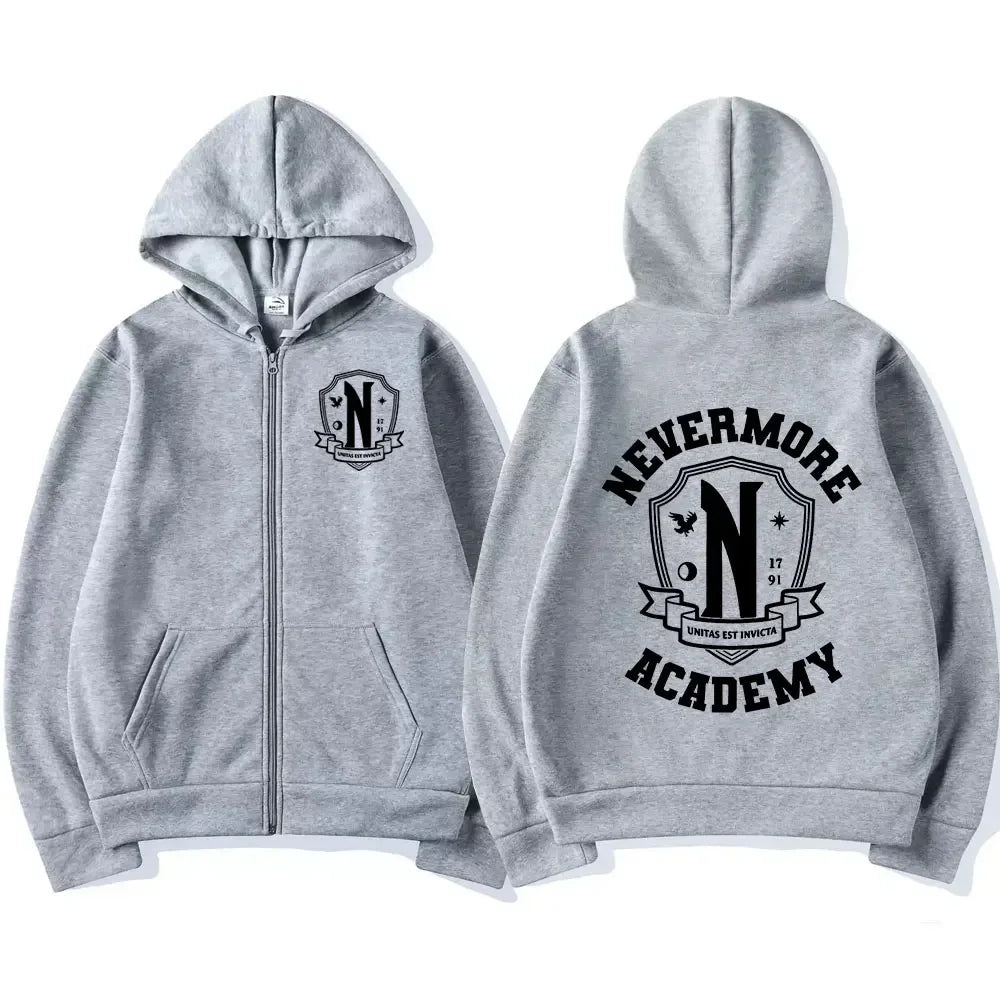 Men Women Nevermore Academy Logo Print Graphic Zipper Hoodie Casual Long Sleeve Harajuku Oversized Zip Up Coats Hoodies