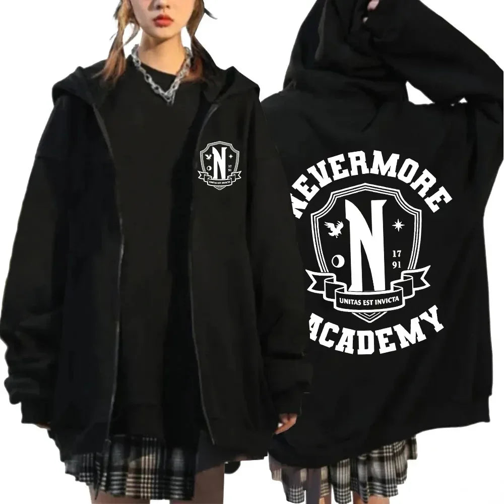 Men Women Nevermore Academy Logo Print Graphic Zipper Hoodie Casual Long Sleeve Harajuku Oversized Zip Up Coats Hoodies